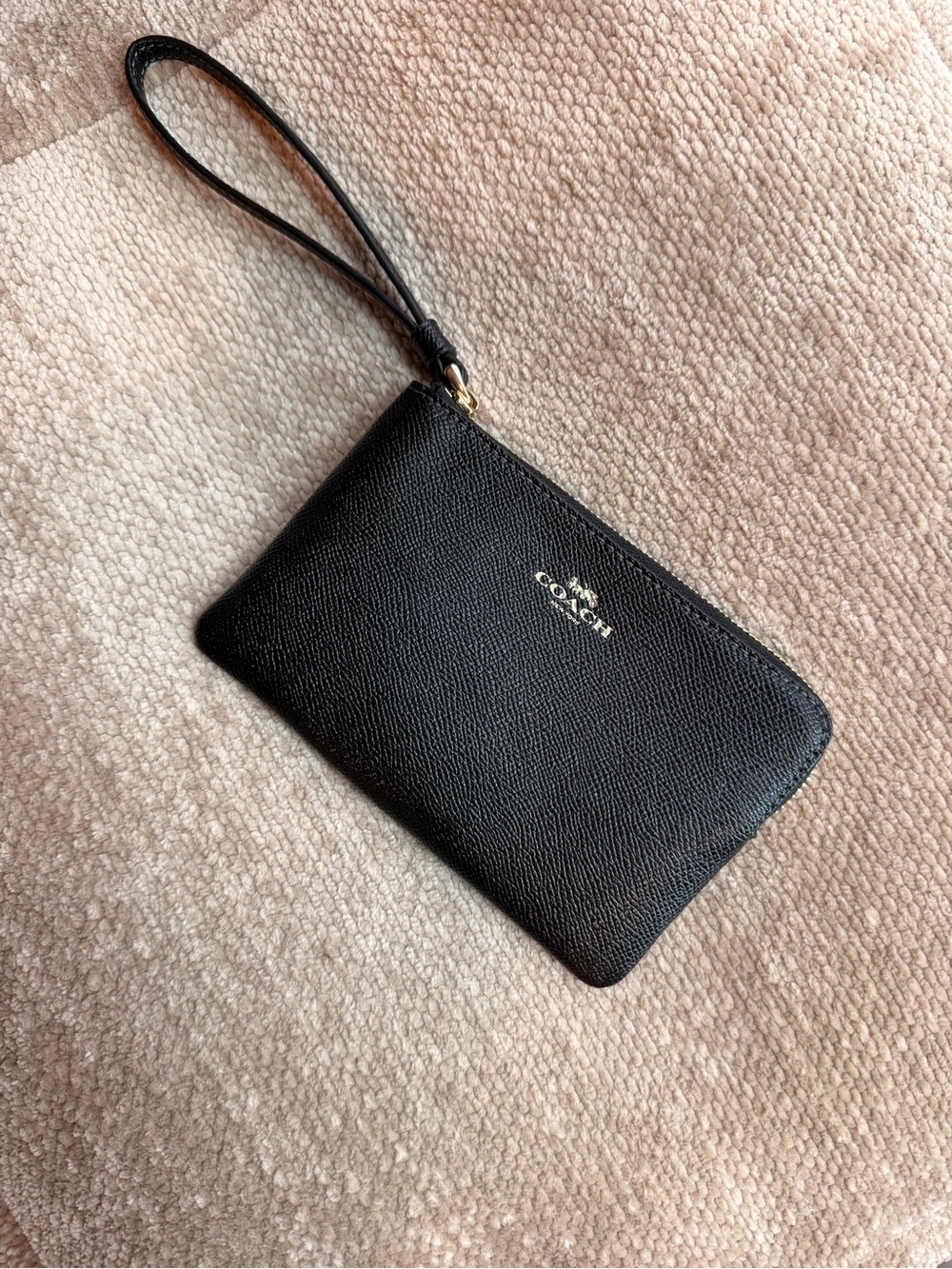 New Coach Black Pebble Leather Wristlet with Gold-Tone Zip